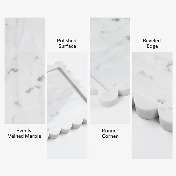 Faticdorr Carrara Natural Marble Scalloped Tray 10.8" x 8", Marble Vanity Tray for Jewelry Trinket Cosmetics Perfume Candle, Luxury Decorative Trays for Bathroom Kitchen Dresser Countertop, White