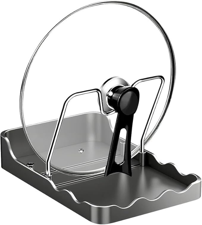 ROWPOZ Kitchen Pot Lid Storage Rack, New Multifunctional Stainless Steel Pot and Pan Organizer with Removable Drip Tray, Lid Holder While Cooking, Lid And Spoon Rest (Gray Single)
