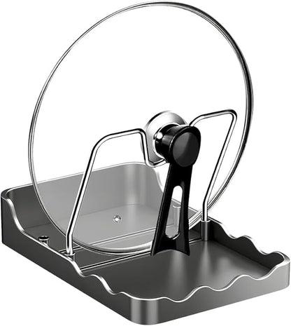 ROWPOZ Kitchen Pot Lid Storage Rack, New Multifunctional Stainless Steel Pot and Pan Organizer with Removable Drip Tray, Lid Holder While Cooking, Lid And Spoon Rest (Gray Single)