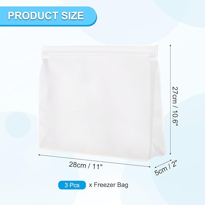 PATIKIL 11"x2"x10.6" Reusable Freezer Bag, 3 Pcs Leakproof Zip Food Storage Stand Up Bags Fridge Snack Vegetable Fruit Ice Container for Long-Lasting Freshness, Transparent