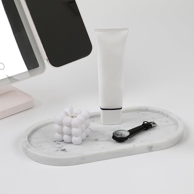 Faticdorr Carrara White Marble Tray, 2 Pcs, Marble Vcnity Tray, Bathroom, Decor for Trinket Perfume Jewelry Candle, 12 Inch Oval