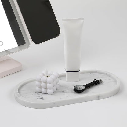 Faticdorr Carrara White Marble Tray, 2 Pcs, Marble Vcnity Tray, Bathroom, Decor for Trinket Perfume Jewelry Candle, 12 Inch Oval