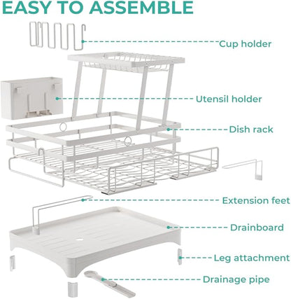 HANLE 2 Tier Large Dish Drying Rack - Extendable Dish Rack, 2-in-1 Anti-Rust Stainless Steel Dishrack for Kitchen Counter and Sink, Dish Strainer with Utensil Holder & Cup Holder(White)