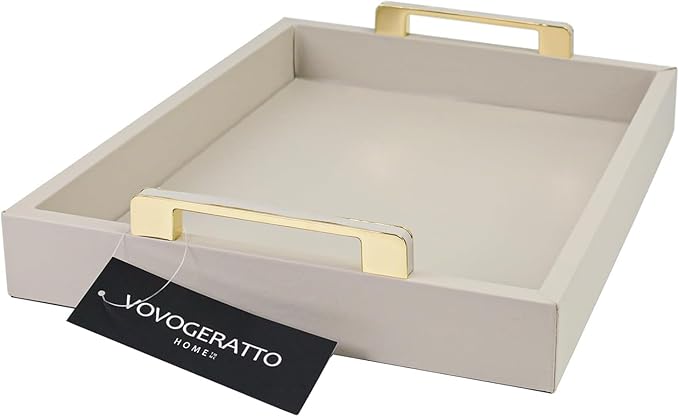 Decorative Tray for Coffee Table, Serving Tray with Handles for Ottoman, 16"x12" Large Rectangular Tray Leather Serving Trays for Home Decor, Living Room, Kitchen, Bedroom - Cool Gray
