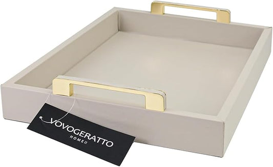 Decorative Tray for Coffee Table, Serving Tray with Handles for Ottoman, 16"x12" Large Rectangular Tray Leather Serving Trays for Home Decor, Living Room, Kitchen, Bedroom - Cool Gray
