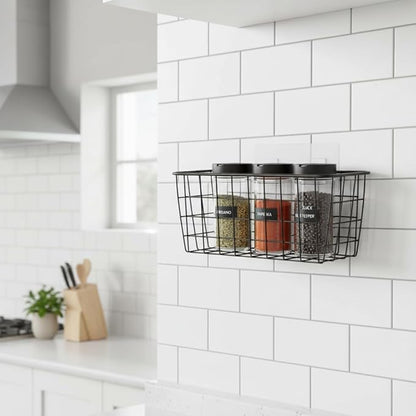Hanging Kitchen Baskets Adhesive Sturdy Wire Storage Baskets with Kitchen Food Pantry Bathroom Shelf Storage No Drilling Wall Mounted,Black,4 Pack