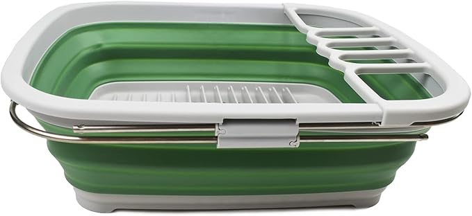 SAMMART 8L (2.11Gallons) Expandable Collapsible Plastic Dish Drainer - Foldable Drying Rack - Portable Dinnerware Organizer - Space Saving Kitchen Storage Tray (Grey/Dark Sea Green, 1)