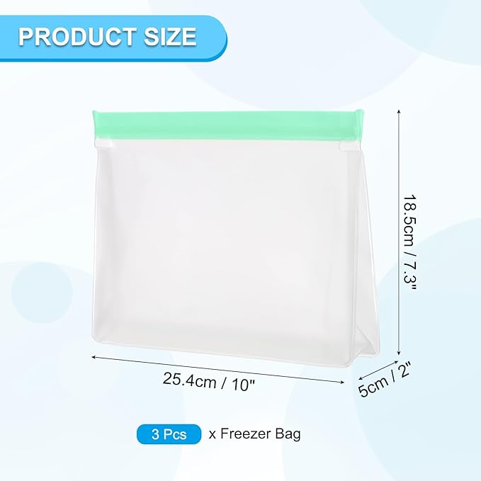 PATIKIL 10"x2"x7.3" Reusable Freezer Bag, 3 Pcs Leakproof Zip Food Storage Stand Up Bags Fridge Snack Vegetable Fruit Ice Container for Long-Lasting Freshness, Green