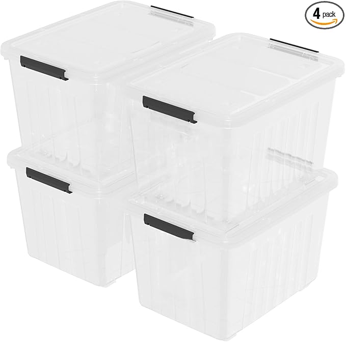 Qqbine 70 Quart Large Clear Storage Bins, Plastic Storage Box with Lids and Wheels, 4 Packs