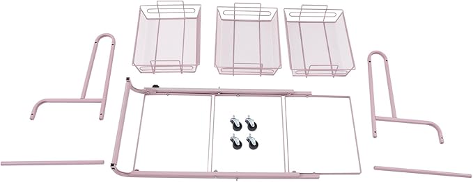 3 Tier Adjustable Storage Carts, Movable Utility Cart, Metal Rolling Cart, Multi-Functional Storage Trolley w/Wheels, Storage Shelves for Kitchen/Bathroom/Bedroom/Office (Pink)