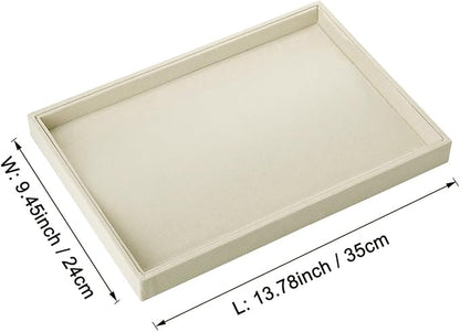 Mornajina 2 Pcs 13.8" x 9.5" Velvet Jewelry Tray Jewelry Display Tray Flat Tray, Stackable Empty Plate Trays for Earrings Necklaces Bracelet Rings Display Showcase - Light Khaki