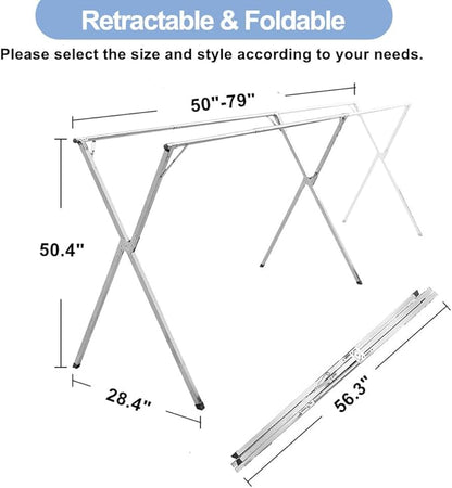 2026 Premium Stainless Steel Clothes Drying Racks, Foldable and Adjustable Laundry Drying Rack Clothing for Indoor Outdoor （79" D x 28.4" W x 50.4" H）