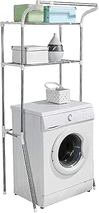 BAOYOUNI Adjustable Over Toilet Bathroom Organizer Above Washer Dryer Storage Shelf 2-Tier Space Saving Rack (24.4-40.55) W X 19.48 D X 68.11 H Inches, Ivory