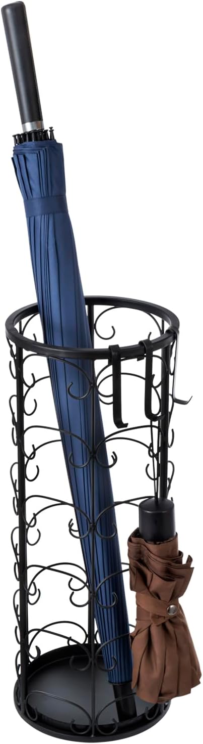 MyGift Matte Black Metal Umbrella Stand with Decorative Vintage Scrollwork, Freestanding Cane or Walking Stick Holder Rack with 3 Hanger Hooks for Compact Travel Umbrellas