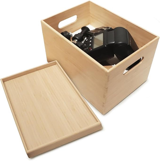 10.2”x7.3”x6.5” Lidded Storage Bins - Stackable Bamboo Box/Cube/Basket with Handles for Home Kitchen Office, Organize Tableware Clothing Toys Books