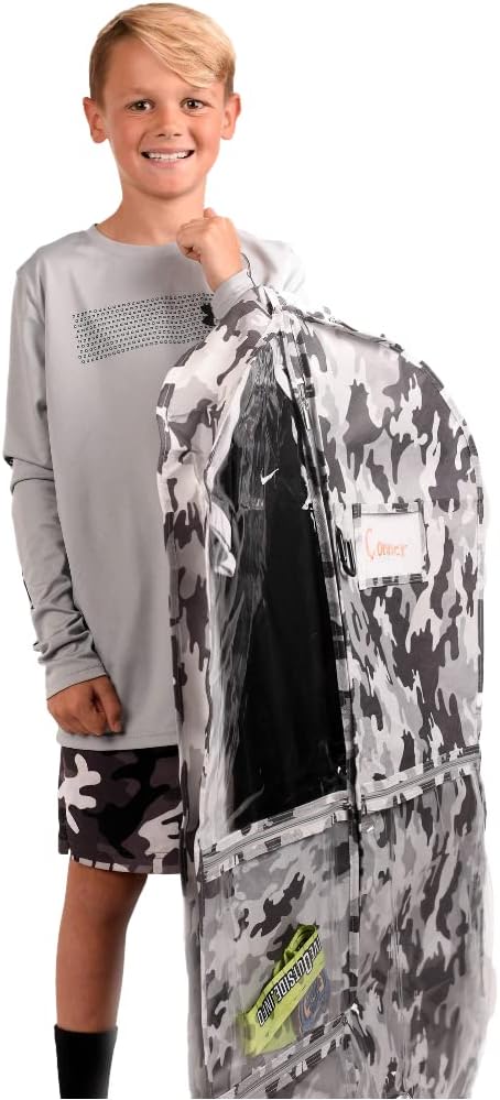 Waterproof Hanging Garment Bag 40 inch Clothes Bag with Gusset, 5 Pockets & Side Zip for Dance Costumes, Sports, Skating, Theatre, Beauty Pageants, Cheer & More by Kendall Country, Camo Grey