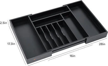 KitchenEdge Premium Silverware, Flatware and Utensil Organizer for Kitchen Drawers, Food-Safe Contract Grade, Expandable from 16 to 28 In, Black Bamboo