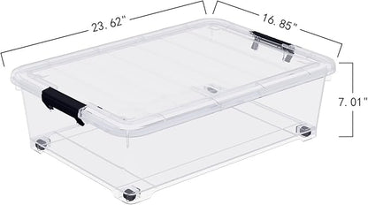 Waikhomes 4-Pack 25L Plastic Under Bed Storage Organizer Bin Container with Latch Lids and Wheels, Clothes Storage Box Rolling Underbed, Clear