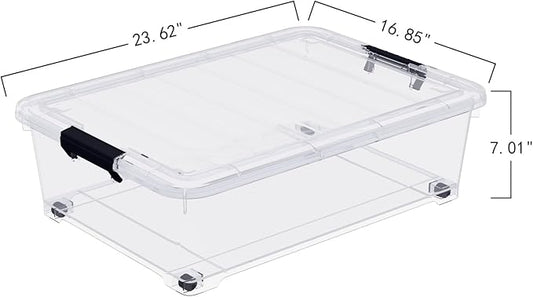 Waikhomes 4-Pack 25L Plastic Under Bed Storage Organizer Bin Container with Latch Lids and Wheels, Clothes Storage Box Rolling Underbed, Clear