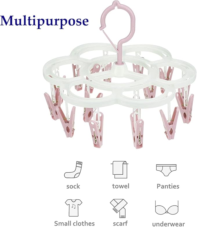 Clothespin Rack Laundry Drying Rack,Clothes Hangers with 16 Clips,Clip Hanger Drip Hanger for Drying Underwear,Baby Clothes,Socks,Bras,Towel,Pants,Hat,Scarf,Cloth Diapers,Gloves (Light Pink)
