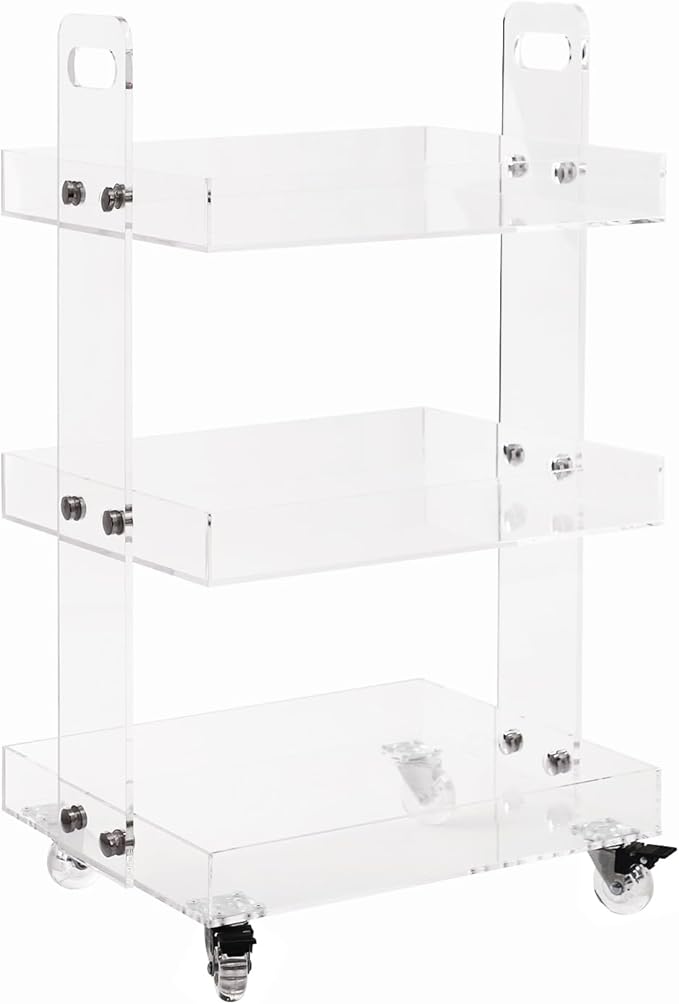 3-Tier Acrylic Utility Rolling Cart, Utility Rolling Cart Storage Cart with Wheels for Home Bar, Kitchen, Living Room, 16.4" L x 13.4'' W x 27.6'' H