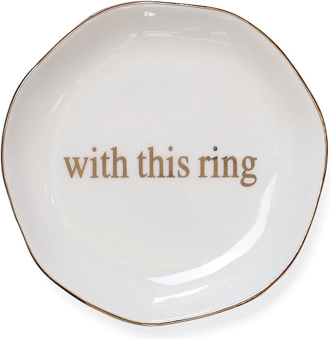 VINCOMIC Engagement Wedding Ring Dish-With This Ring Jewelry Dish Tray-Gifts for Bride, Bride to be, Newlyweds, Ceramic White