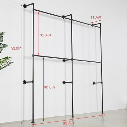 Industrial Pipe Clothing Rack Heavy Duty Double Closet Rod Clothes Rack, Clothing Rods for Hanging Clothes, Wall Mounted Clothes Garment Rack Closet System 90in Black