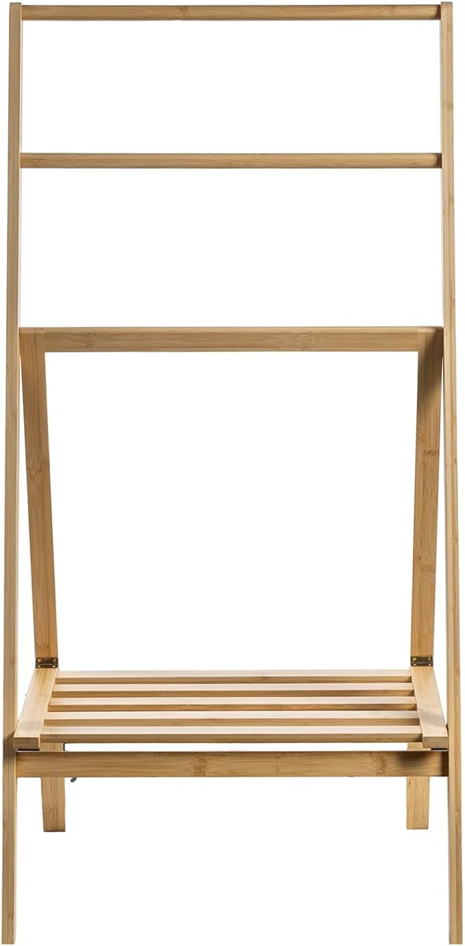 MyGift 3 Tier Free Standing Towel Rack, Foldable Blanket Ladder with Storage Shelf, 43" H Bath Towel Holder Organizer Drying Rack, Light Brown Solid Bamboo Quilt Rack