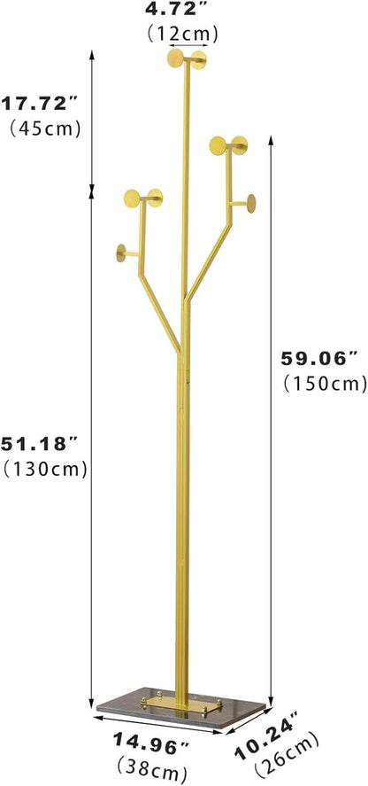Heavy Duty Coat Rack Tree-shaped Metal Freestanding Coat Tree with Sturdy Marble Base Corner Coat Rack for Bedroom Entryway Hallway 14.96 x 10.24 x 68.9 Inches (Gold)
