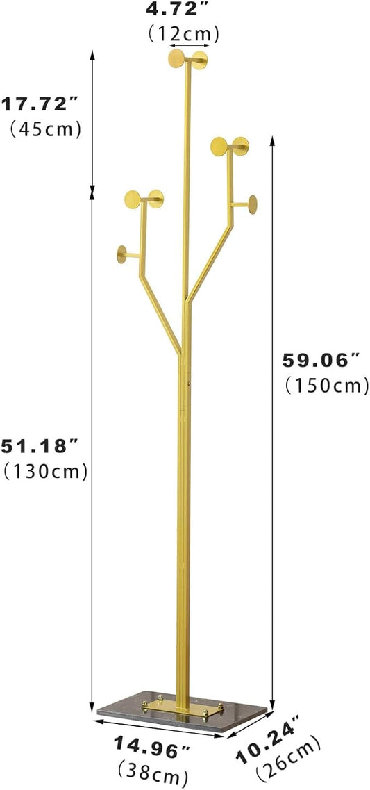 Heavy Duty Coat Rack Tree-shaped Metal Freestanding Coat Tree with Sturdy Marble Base Corner Coat Rack for Bedroom Entryway Hallway 14.96 x 10.24 x 68.9 Inches (Gold)