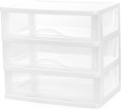 BYCY Plastic Stackable Storage 3 Drawers, White Bathroom Makeup Organizer with Wide Clear Drawers Tabletop Drawer Organizer for Desk,Easily Assemble for Fridge,Bathroom,Cabinet
