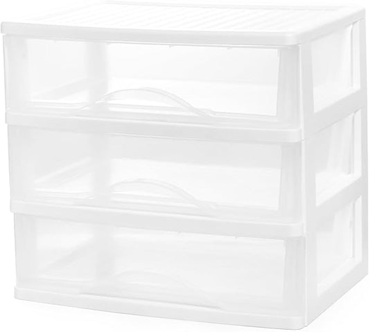 BYCY Plastic Stackable Storage 3 Drawers, White Bathroom Makeup Organizer with Wide Clear Drawers Tabletop Drawer Organizer for Desk,Easily Assemble for Fridge,Bathroom,Cabinet