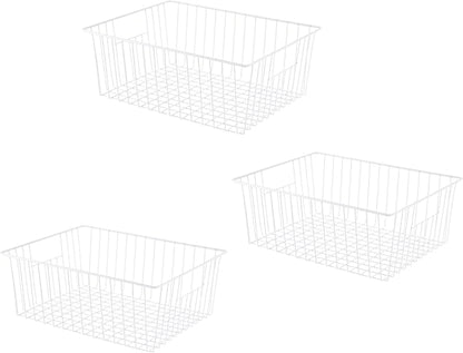 Freezer Organizer Bins - 3 Pack Stand Up Freezer Baskets for 16，17，21 cu.ft Upright Freezer, Wire Storage Baskets with Built-in Handles, Easy to Access Frozen Food Allow Air Circulation, White