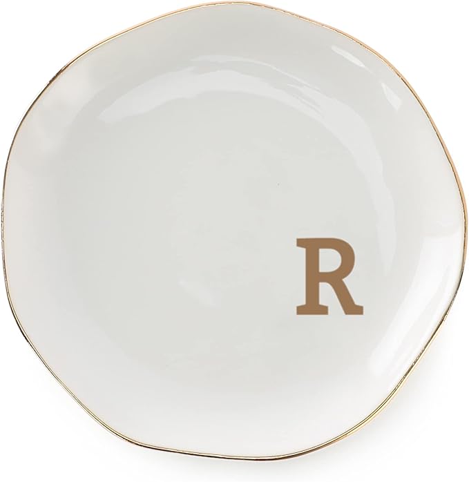 VINCOMIC Initials Ring Dish Jewery Tray with Personalized R-Monogrammed Gifts Wedding Engagement for Women Friends Sister,Ceramic White