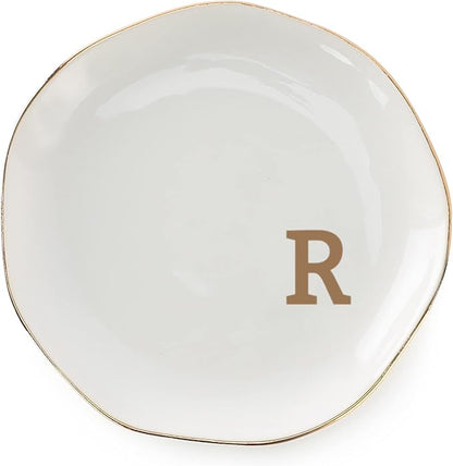VINCOMIC Initials Ring Dish Jewery Tray with Personalized R-Monogrammed Gifts Wedding Engagement for Women Friends Sister,Ceramic White