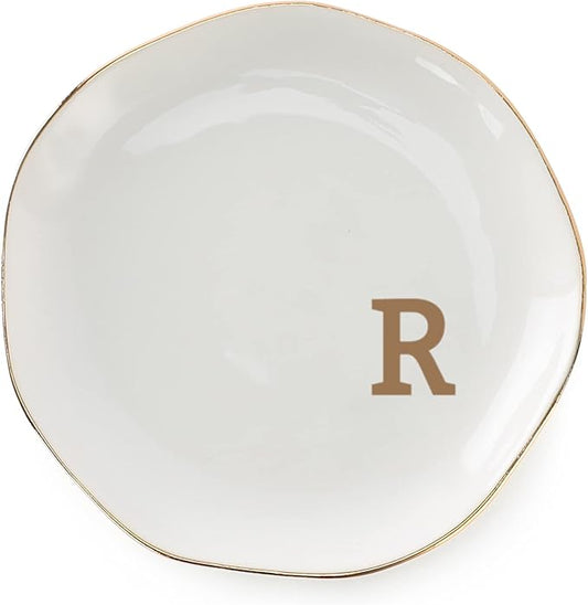 VINCOMIC Initials Ring Dish Jewery Tray with Personalized R-Monogrammed Gifts Wedding Engagement for Women Friends Sister,Ceramic White