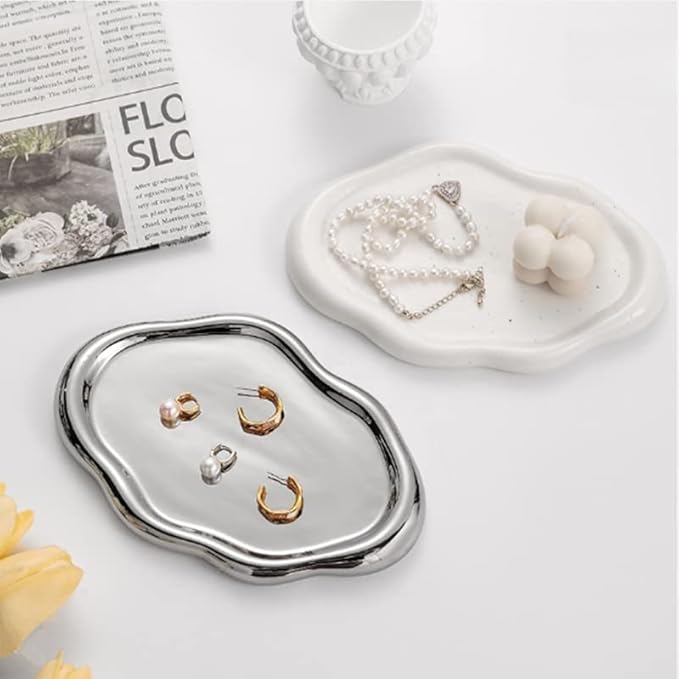 CESTATIVO Jewelry Dish Tray, Ring Dish, Ceramic Trinket Small Key Mother's Day, Christmas, Thanksgiving, Birthday Gift for Mother Daughter Friends Silver
