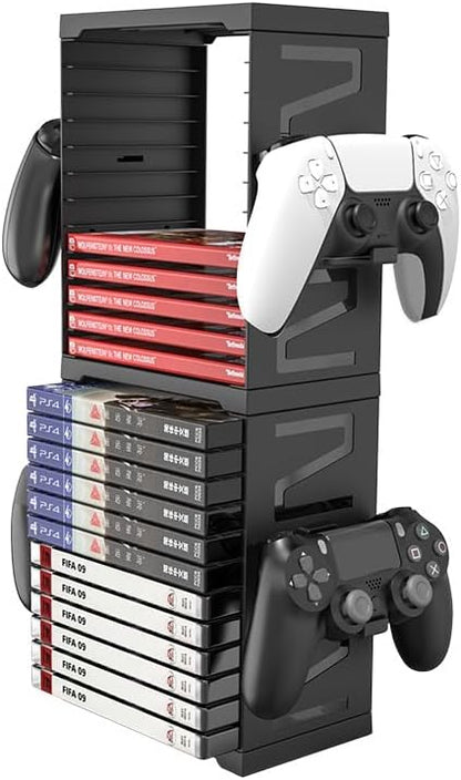 Video Game Storage Tower for PS5 PS4 Xbox Nintendo Switch Games, Universal Discs Organizers 24 PCS with 4 Controllers Holder, Disk Box Stand Rack Accessories