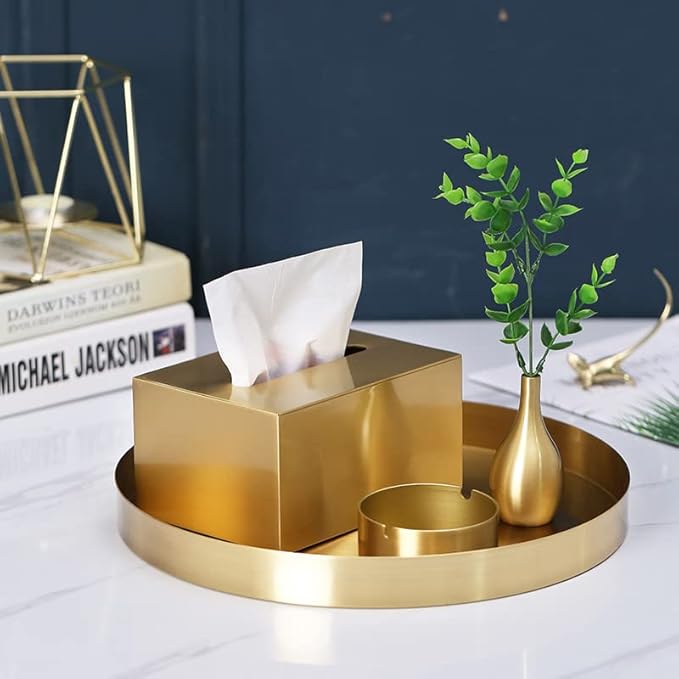 IVAILEX Round Gold Tray Stainless Steel Jewelry, Make up, Candle Plate Decorative Tray (8.6 inches)