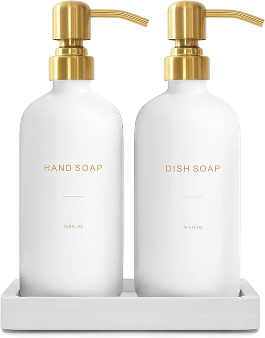 Prus Waso Gold Soap Dispenser Set, Glass Soap Dispenser with Stainless Steel Pump, Perfect for Modern Kitchen Counter Decor. (Gold)