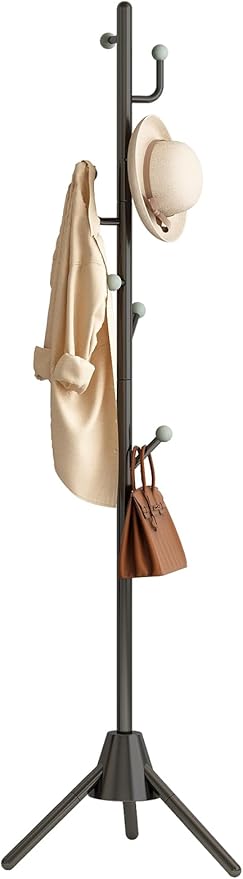Anti-Tip Coat Rack with 8LB Weighted Base, Heavy Duty Metal Coat Rack Freestanding with 8 Hooks, 3 Adjustable Height Sturdy Clothes Rack Space Saving Organizer Stand for Entryway, Bedroom, Office
