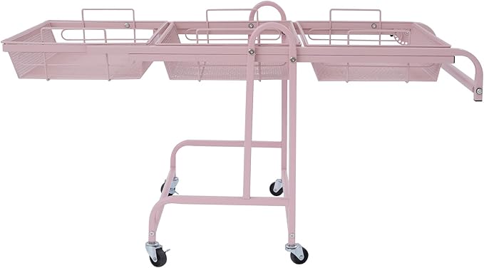 3 Tier Adjustable Storage Carts, Movable Utility Cart, Metal Rolling Cart, Multi-Functional Storage Trolley w/Wheels, Storage Shelves for Kitchen/Bathroom/Bedroom/Office (Pink)