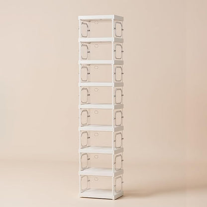 RILBOX X-Large Sturdy Foldable Shoe Rack Sneaker Container Clear Plastic Stackable Space Saving Shoe Storage Boxes Organizers Bin Holder with Lids for Entryway, Closet 8 Tier - 14.0" W Hold 8 Pairs