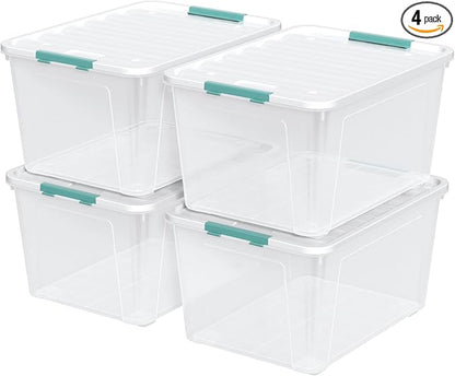 Aninhao 85 Quart Clear Plastic Storage Bin with Wheels, 4-Pack Large Latching Storage Box with Lid