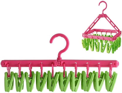 Multipurpose Clothes Drying Rack with 20 Clips – Foldable Sock Hanger with Rotating Hook – Space Saving Underwear & Bra Drying Rack – Portable Travel Laundry Hanger for Balcony Bathroom