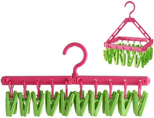 Multipurpose Clothes Drying Rack with 20 Clips – Foldable Sock Hanger with Rotating Hook – Space Saving Underwear & Bra Drying Rack – Portable Travel Laundry Hanger for Balcony Bathroom