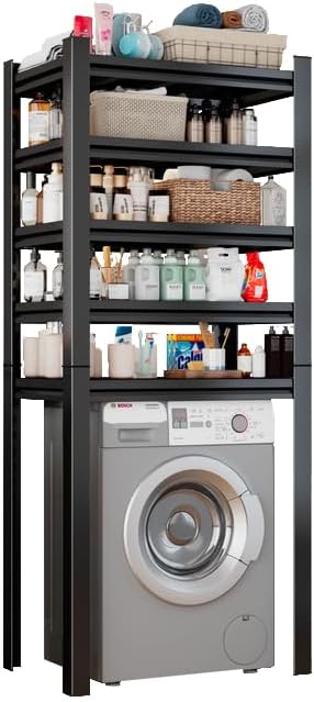 Over Washer and Dryer Shelves, 5 Tier Adjustable Metal Washing Machine Shelf, Sturdy and Spacious Laundry Room Organization and Storage Rack, 35.43''W*13.78''D*71.18''H, Black