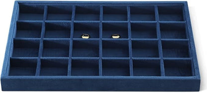 Dansmiy Velvet Stackable Jewelry Display Tray, 24 Grid Earring Ring Storage Tray, Drawer Divider Jewelry Accessories Organizer Plate (Blue)