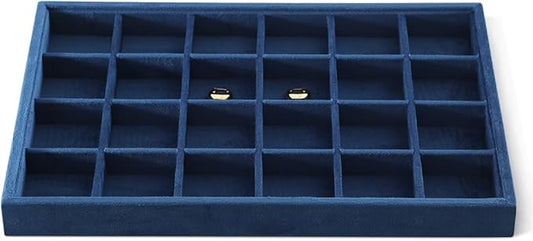 Dansmiy Velvet Stackable Jewelry Display Tray, 24 Grid Earring Ring Storage Tray, Drawer Divider Jewelry Accessories Organizer Plate (Blue)