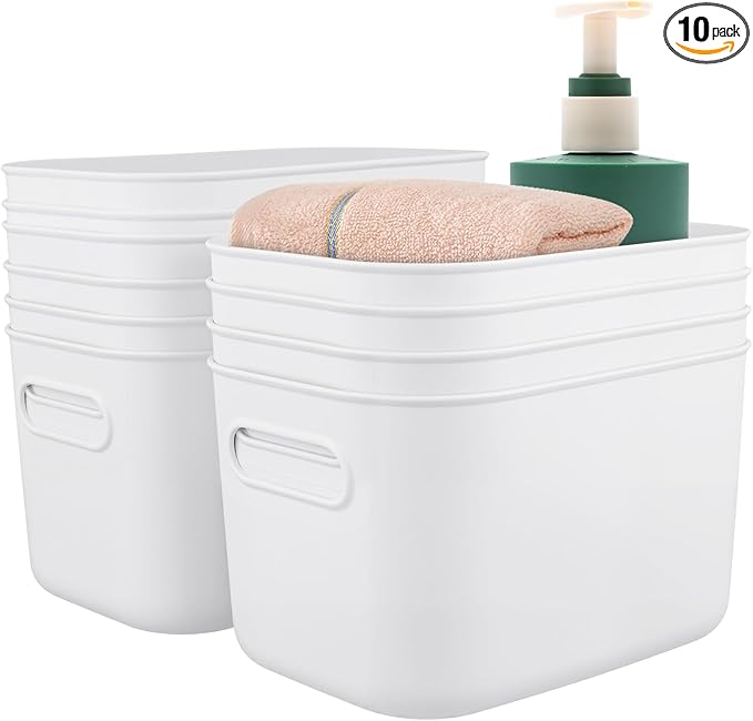 HOZEON 10 Pack White Plastic Storage Bins with Handle, Stackable Cupboard Organiser Pantry Storage Boxes for Shelves, Drawers, Bathroom, 10 x 7 x 6 Inch